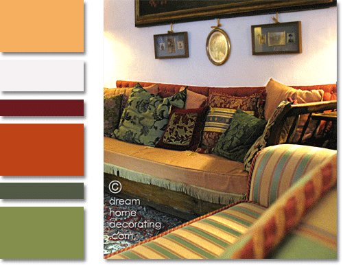 Tuscan palazzo living room in warm greens, yellows and reds, Volterra, Tuscany, Italy